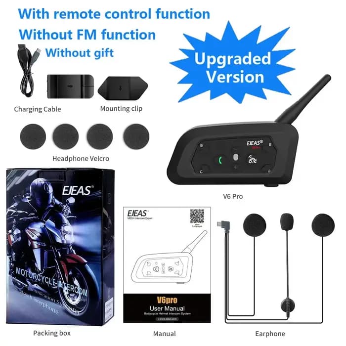 EJEAS V6 PRO + Bluetooth casque de moto Interphone casque avec 1200M Interphone communicateur pour 6