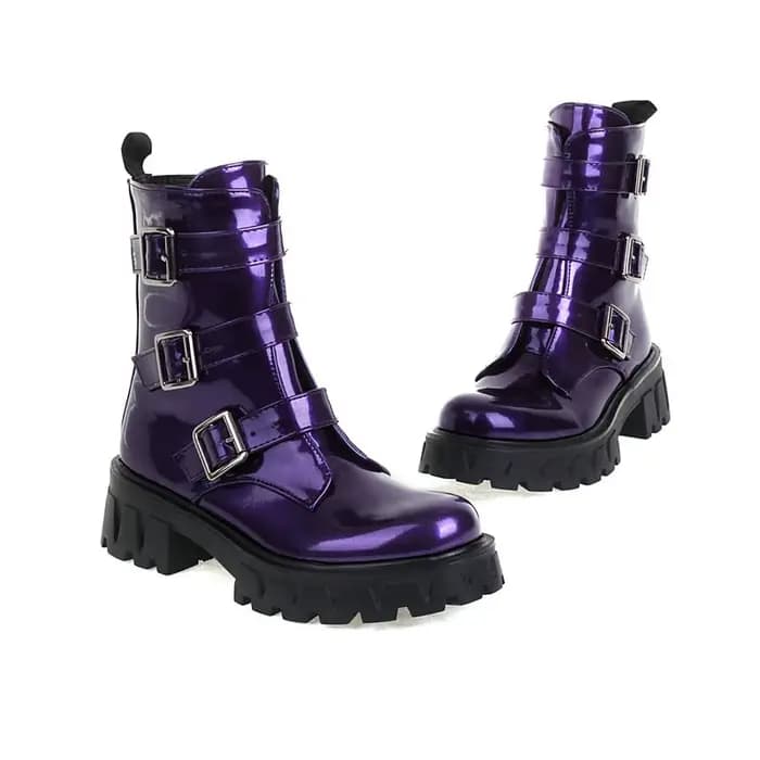 Bottines en cuir PU verni noir violet gothique pour filles occidentales, chaussures Cool d'hiver avec sangle multi-boucles, bottines à plateforme de styliste pour femmes