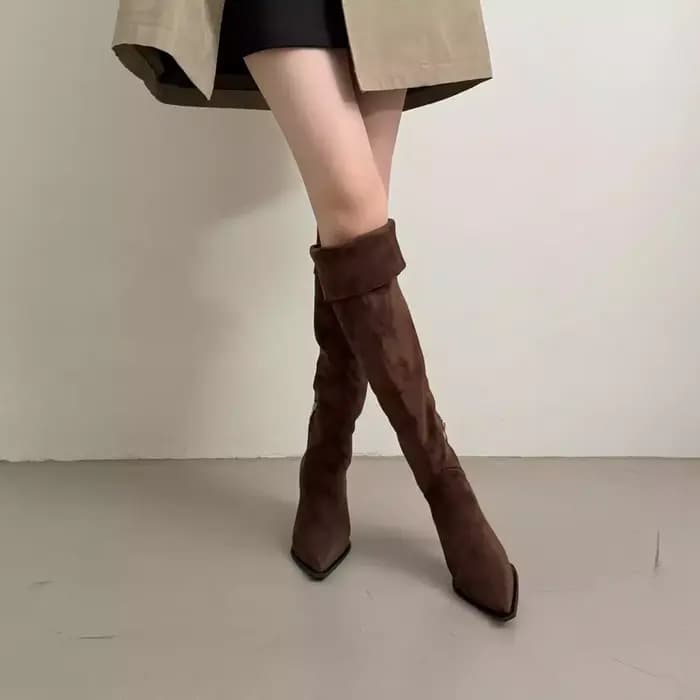 Bottes élégantes à talon fin et bout pointu pour femme, bottes superposées avec boucle de ceinture, bottes plissées à talon haut au-dessus du genou, bottes fines élégantes 253