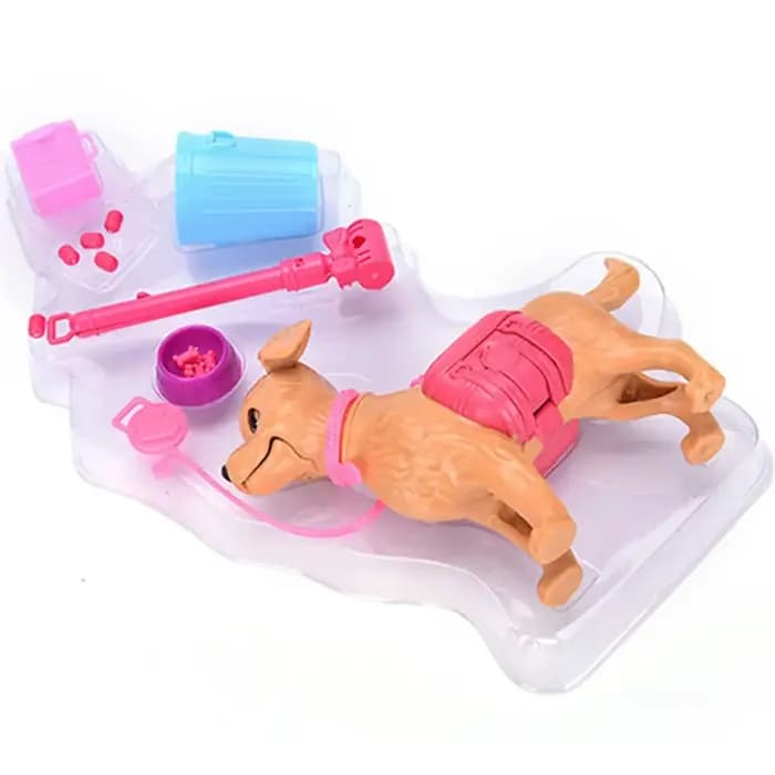 1 ensemble d'accessoires pour maison de poupée 1:6 : Mini chien en plastique + équipement pour animaux de compagnie, combinaison extérieure pour ensemble de poupées