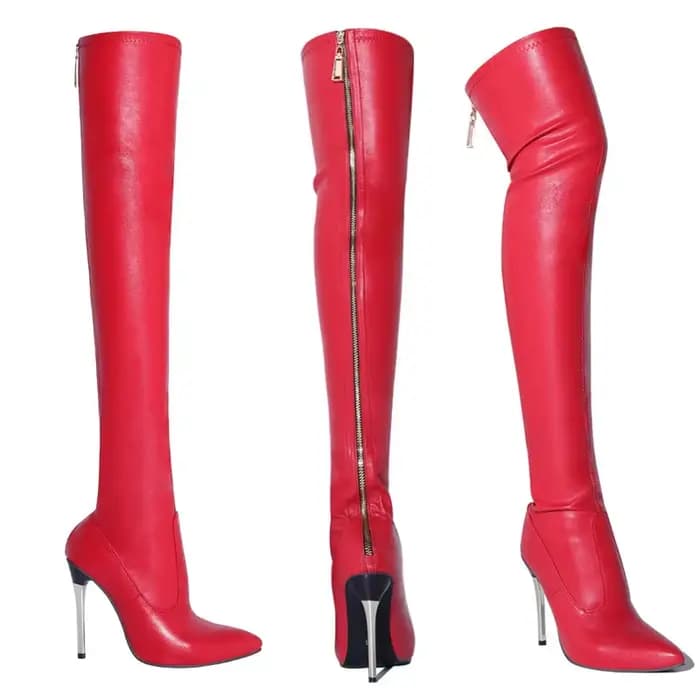 Bottines pour femmes, talons aiguilles, sexy, grande taille, bottes au-dessus du genou, fermeture éclair métallique à l'arrière, bottes longues, bout pointu, chaussures de soirée pour femmes