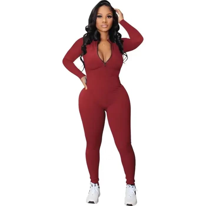 Combinaison longue côtelée zippée pour femme 2025 – Le summum de la mode athlétique, combinaison à manches longues, col en V zippé, body long
