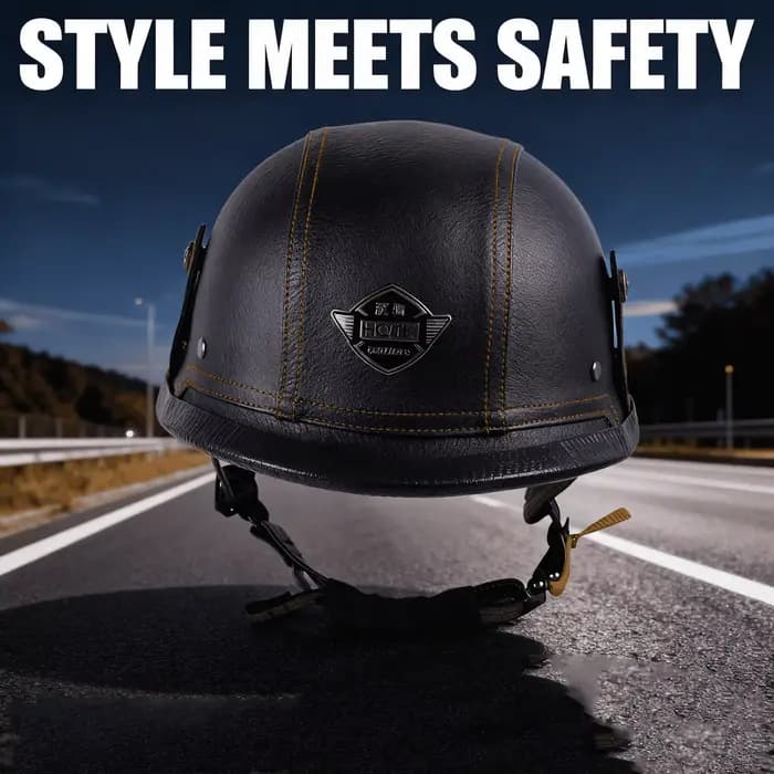 Casque de moto rétro demi-coque ouvert en cuir de 128 mm fabriqué allemand avec visière ouverte certifiée DOT