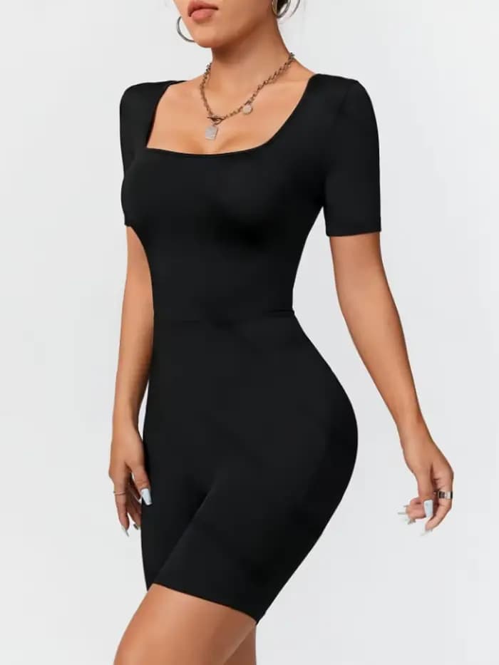 Combinaison pour femmes, adaptée à toutes les saisons, coupe cintrée, tricot Simple, haute élasticité, col carré, manches courtes, haut et Short