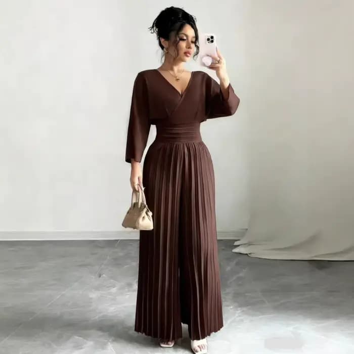 Combinaison Palazzo plissée taille haute à jambes larges, tendance 2026, col en V, élégante, pour femme, blanche, trois-quarts