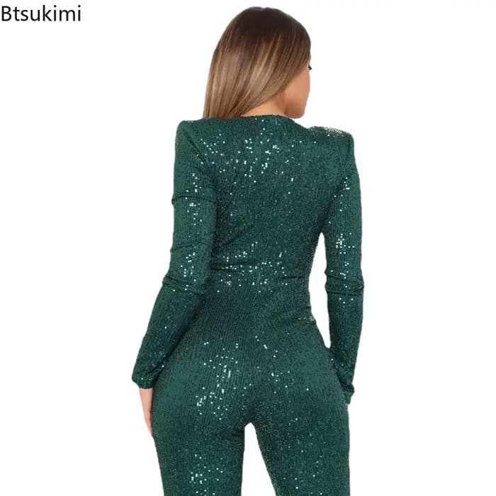 Nouvelle combinaison à sequins pour femme, manches longues, col en V, drapée, style streetwear, pour soirées et clubs, tenue de célébrité