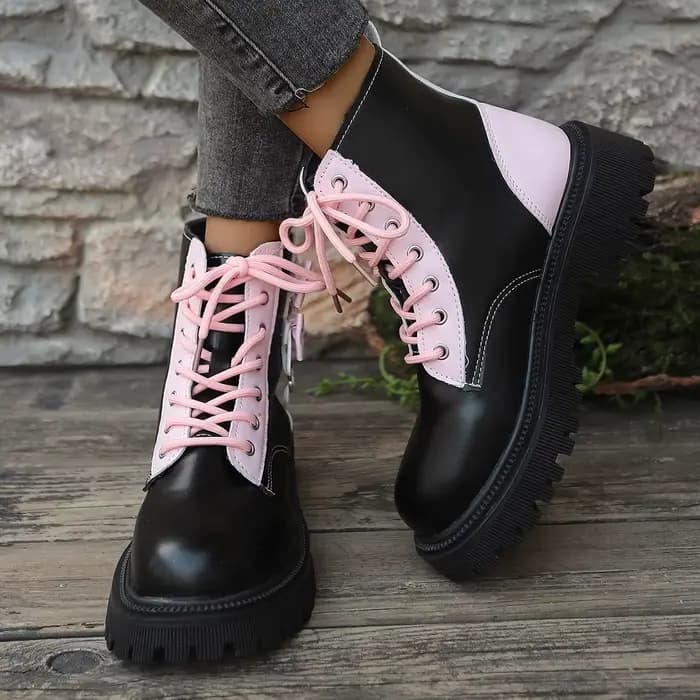 Bottines à lacets avec nœud papillon rose doux pour femme, mélange de couleurs, semelle épaisse, bonbons, Punk, décoration en métal, taille 42, automne 2025