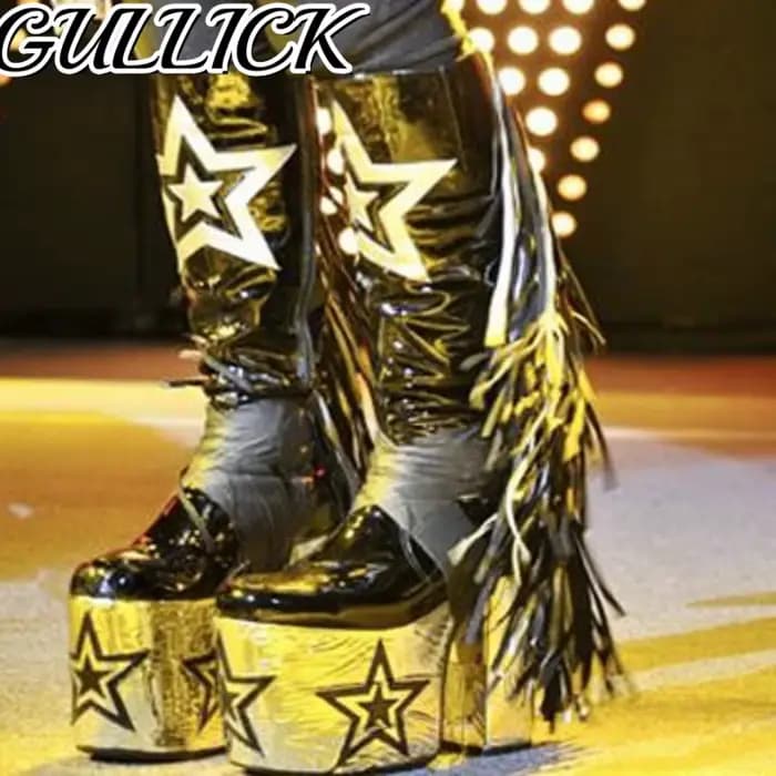 Style gothique plate-forme bottes hautes Rock Punk Rivets étoiles gland conception Botas Halloween femmes homme mascarade chaussures à semelle épaisse