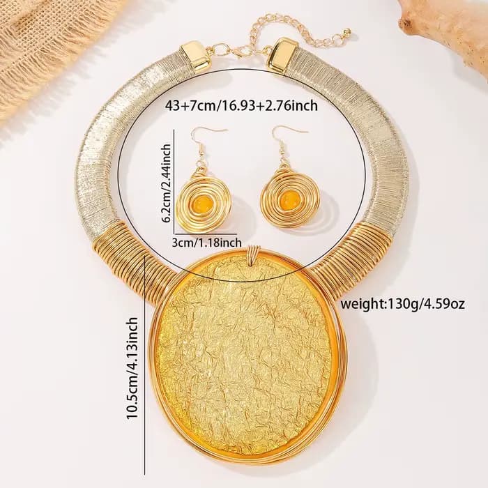 Ensemble de bijoux tendance pour femme : collier bib et boucles d'oreilles faits main en fil d'aluminium avec grandes pierres rondes en résine, accessoires de soirée