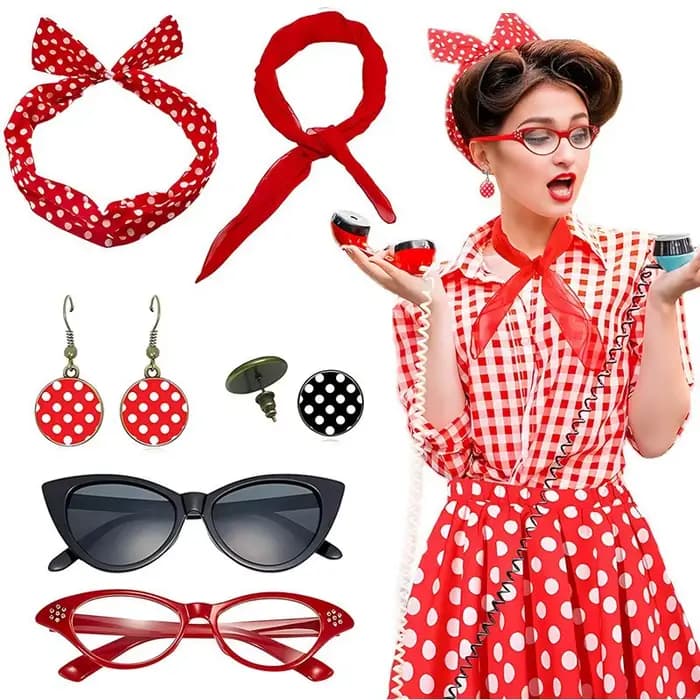 Ensemble d'accessoires de fête Carnival années 1950 à pois : Lunettes œil-de-chat, Bandeau rétro à pois, Gants, Boucles d'oreilles – Tenue d'Halloween