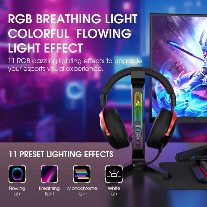 Support de casque RGB 2025 avec hub USB 2.0/ports Type-C, support de casque de jeu LED, offre de motifs et de service de logo personnalisés en cadeau