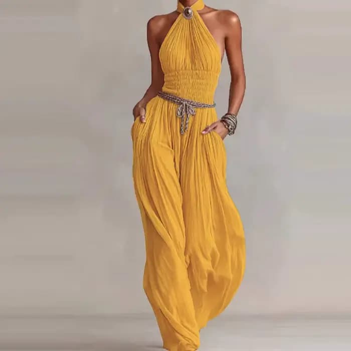 Combinaison élégante dos nu ajourée unie, sexy, à col licou, sans manches, à jambes larges, pour femme, avec taille froncée, style décontracté