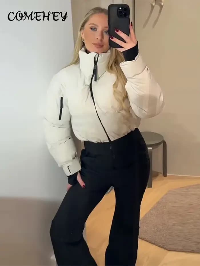 Combinaison de ski pour femme, col montant, fermeture éclair, manches longues, jambes droites et larges, en coton, vêtements chauds et épais, hiver 2025