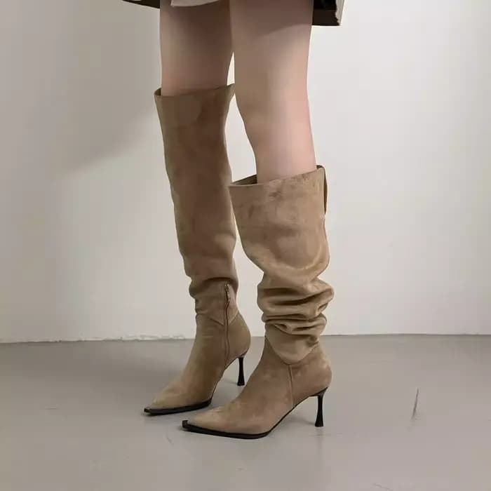 Bottes élégantes à talon fin et bout pointu pour femme, bottes superposées avec boucle de ceinture, bottes plissées à talon haut au-dessus du genou, bottes fines élégantes 253