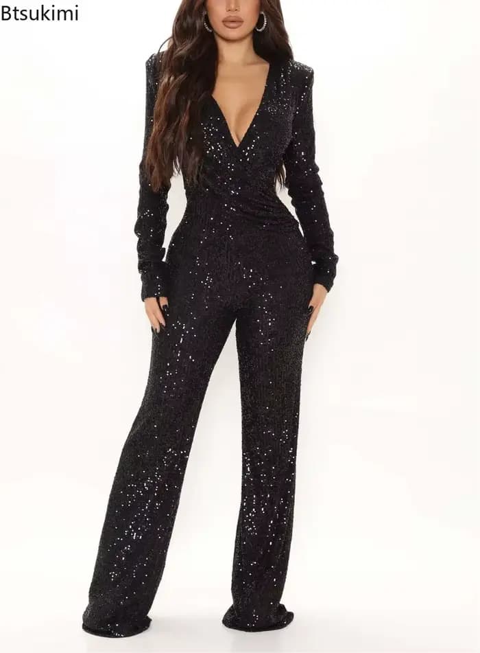 Nouvelle combinaison à sequins pour femme, manches longues, col en V, drapée, style streetwear, pour soirées et clubs, tenue de célébrité