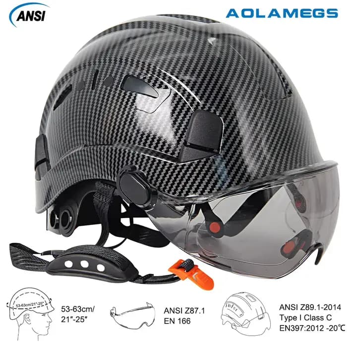Casque de sécurité à motif en fibre de carbone avec visière et lunettes intégrées
