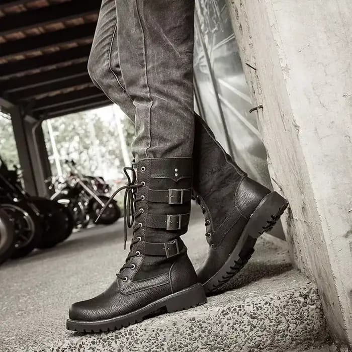 Bottes de moto mi-carf en cuir pour hommes