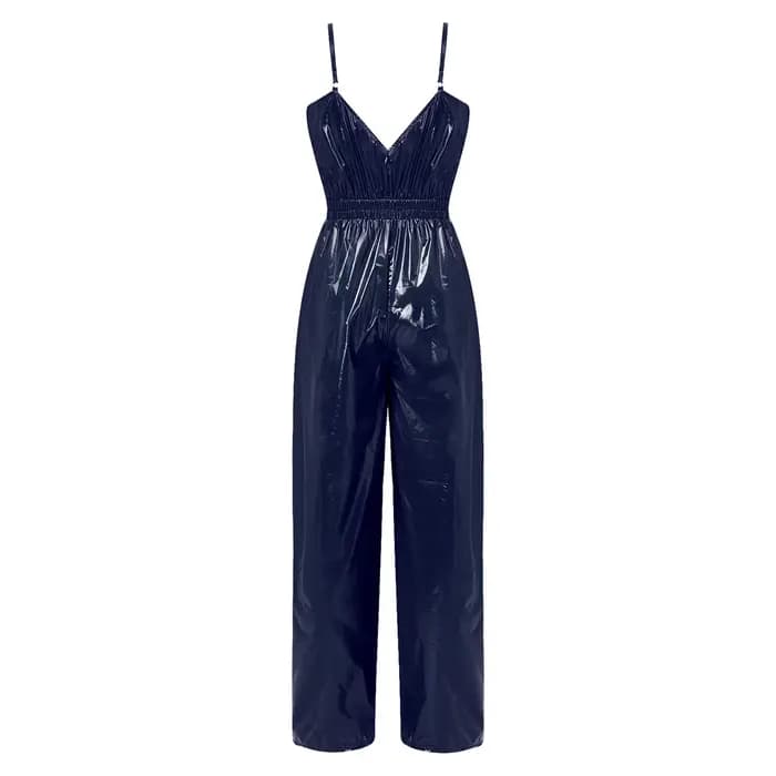 Combinaison brillante imperméable pour femme, bretelles réglables, col en V, taille élastique, jambe large, tenue de soirée, clubwear, streetwear