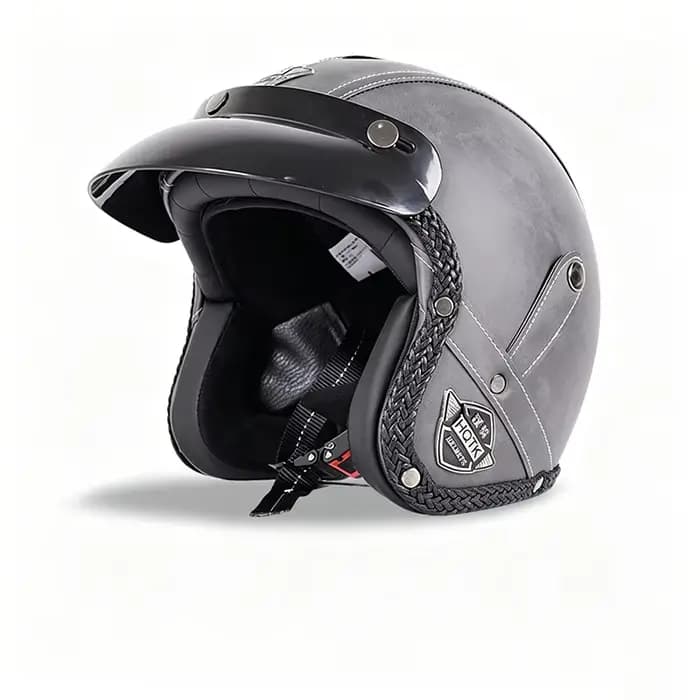 Casque de moto classique demi-face avec design en simili cuir, unisexe pour toutes les saisons