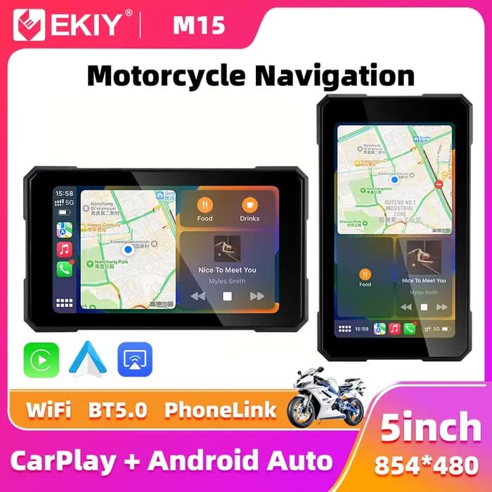 EKIY 5.0 pouces sans fil CarPlay Moto Android Auto Portable numérique