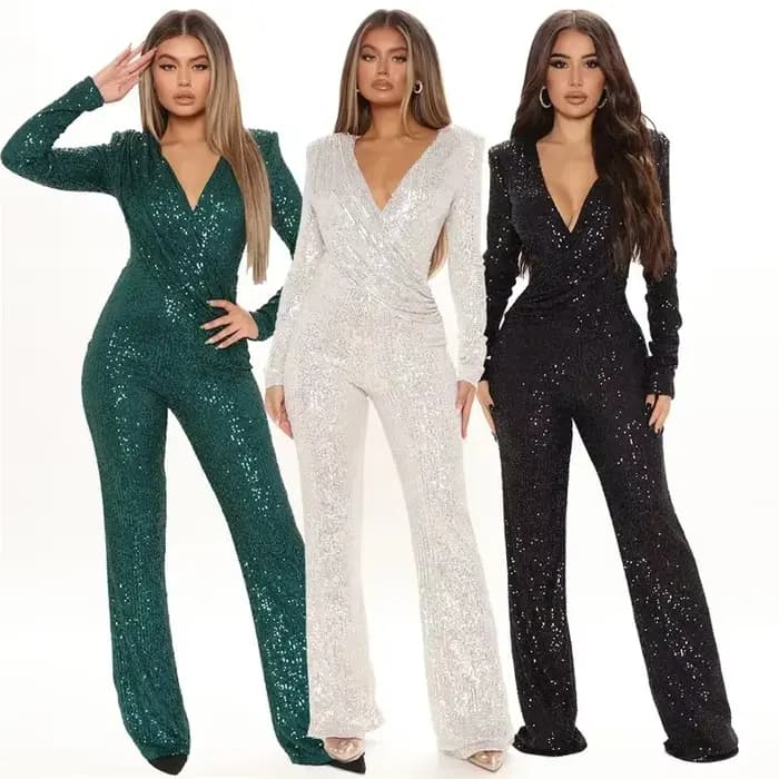 Nouvelle mode paillettes combinaison pour femmes à manches longues col en V drapé automne hiver barboteuses célébrité soirée Club ensemble