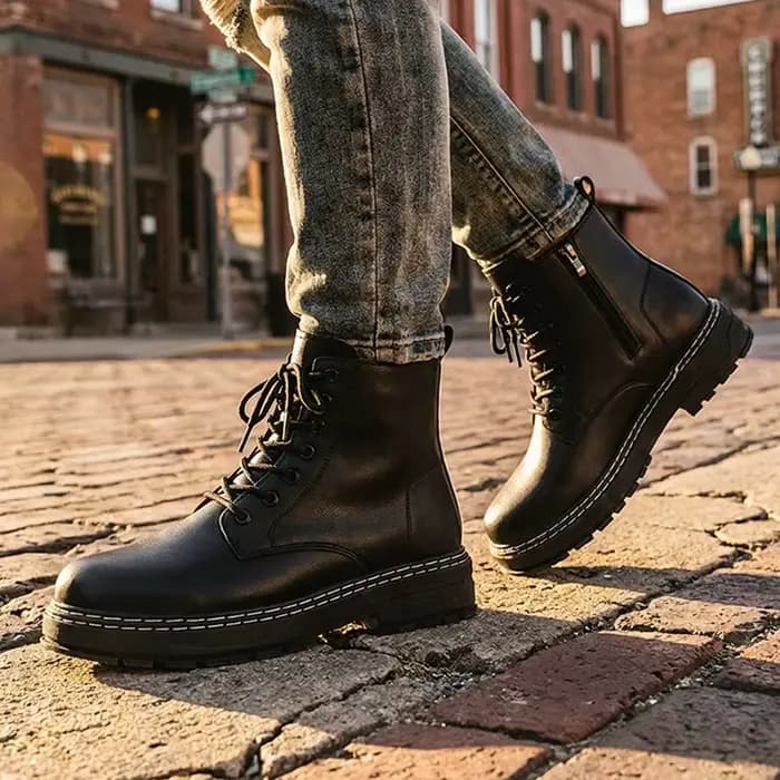 Bottes de combat en cuir noir pour hommes