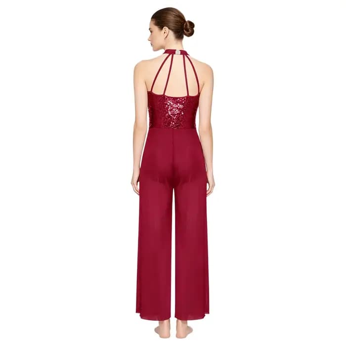Combinaison de danse lyrique moderne pour femme, haut à sequins dos nu, body en maille fendu à jambes larges pour spectacle de danse latine, gala, championnat