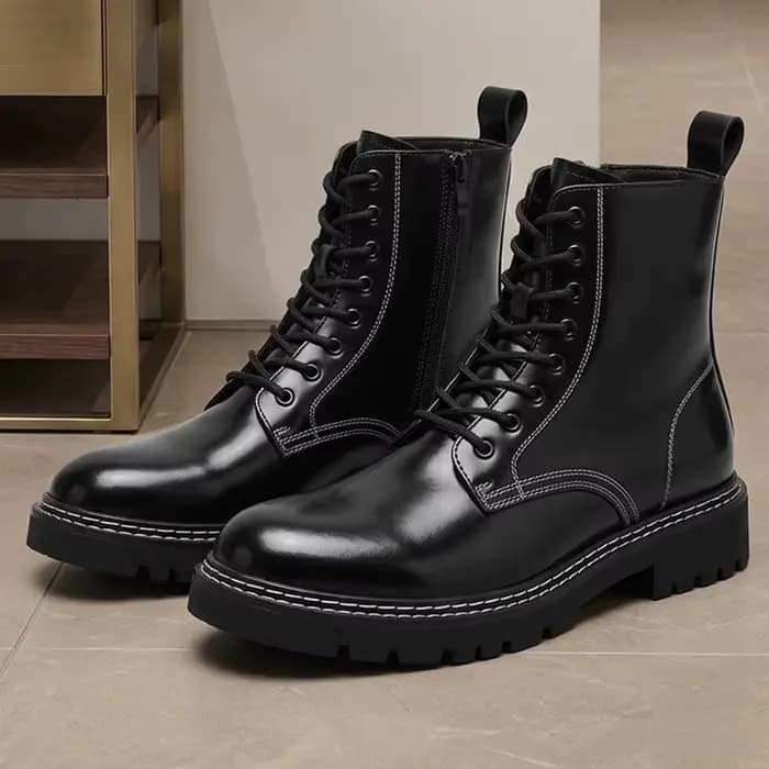 Bottes de combat en cuir noir pour hommes