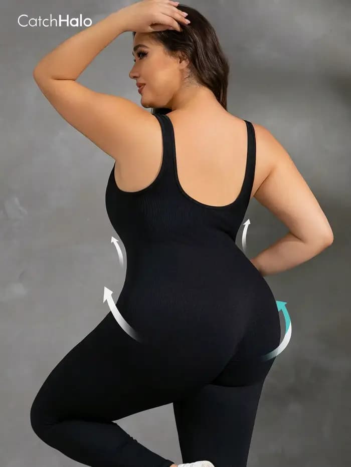Combinaison de yoga sans coutures pour femme, grande taille — Dos nu, col en U, sans manches — Bodysuit gainant effet push-up fessier — Tenue de fitness et d'entraînement