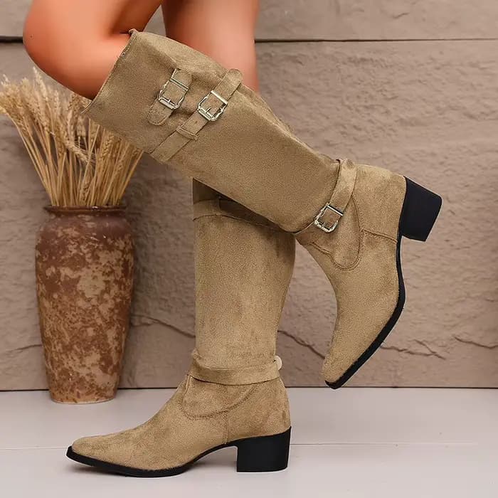 Bottes hautes en faux daim tendance pour femme, collection automne 2026, à bout pointu et talon épais, style western et cowboy