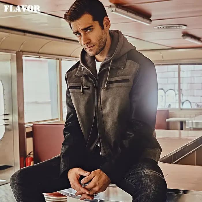 Veste en cuir véritable pour homme FLAVOR avec capuche amovible