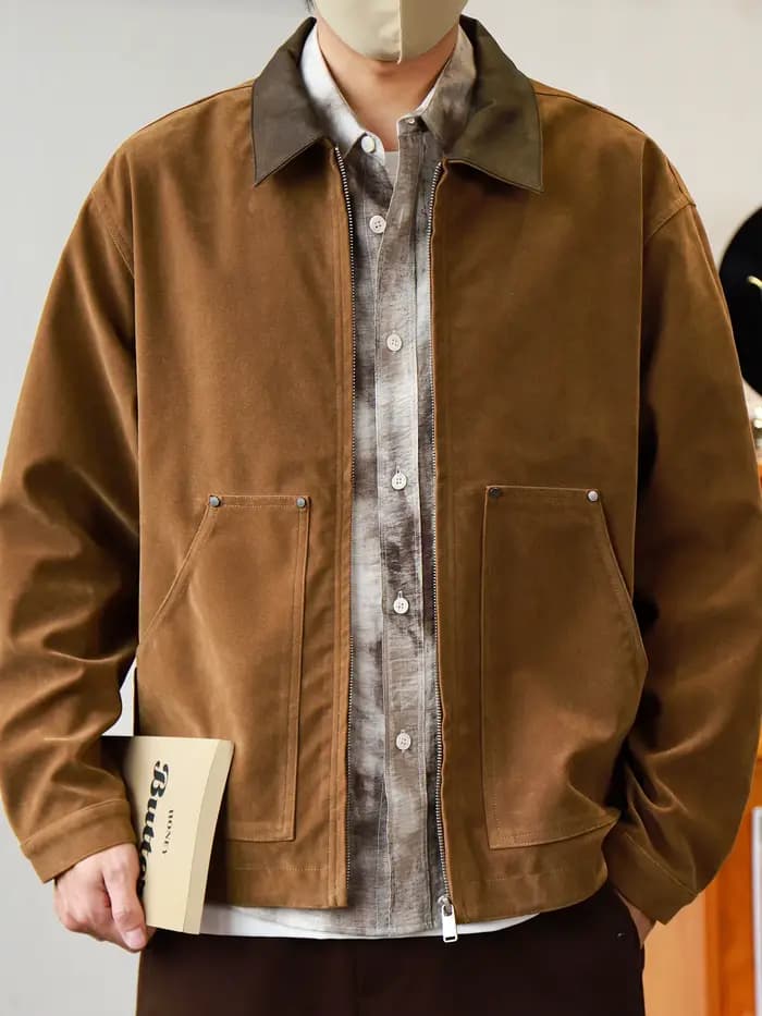 Veste en cuir de moto Amekaji en daim rétro marron foncé avec revers