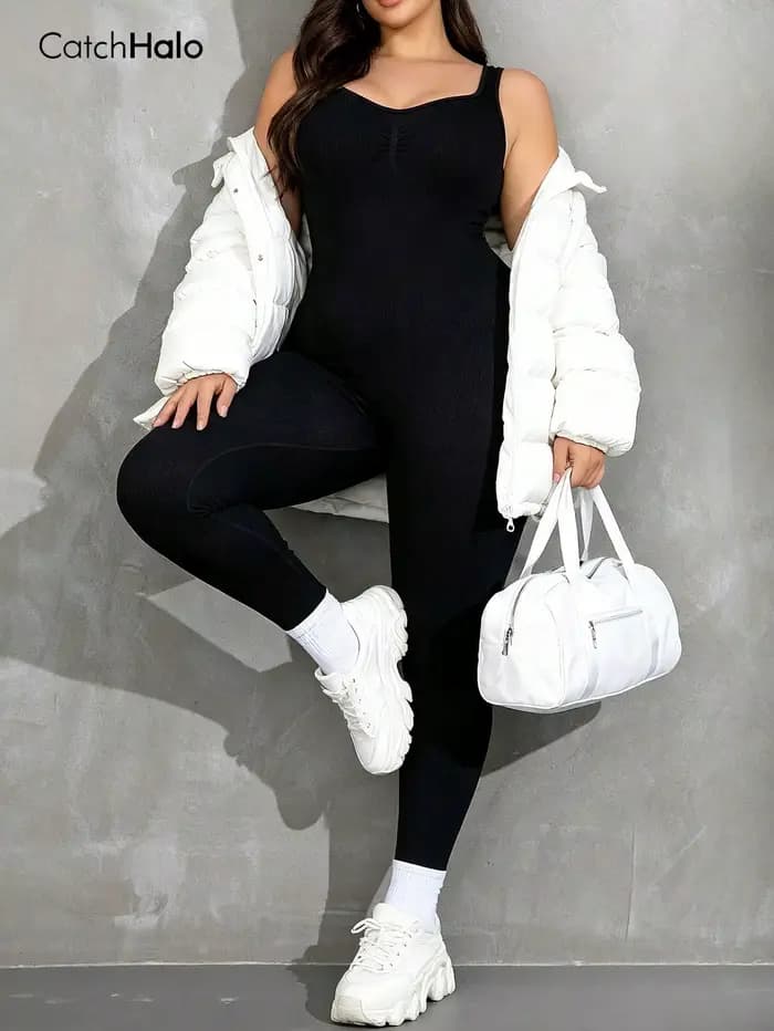 Combinaison de yoga sans coutures pour femme, grande taille — Dos nu, col en U, sans manches — Bodysuit gainant effet push-up fessier — Tenue de fitness et d'entraînement