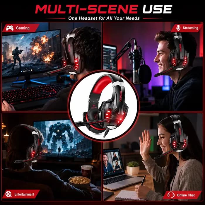 Casque de jeu filaire G9000 rouge avec micro anti-bruit, casque stéréo à basses profondes avec LED pour PC PS4 PS5 Xbox