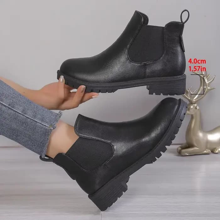Bottines Chelsea décontractées à bout rond pour femmes, bottes courtes en cuir PU noir, confortables, talons bas, à enfiler, 2024