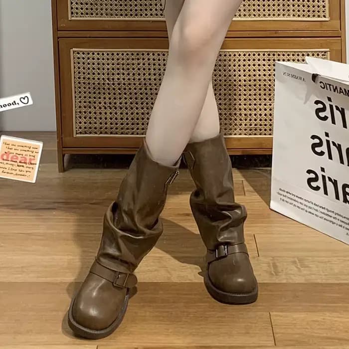 Bottes de motard rétro en cuir PU pour femmes