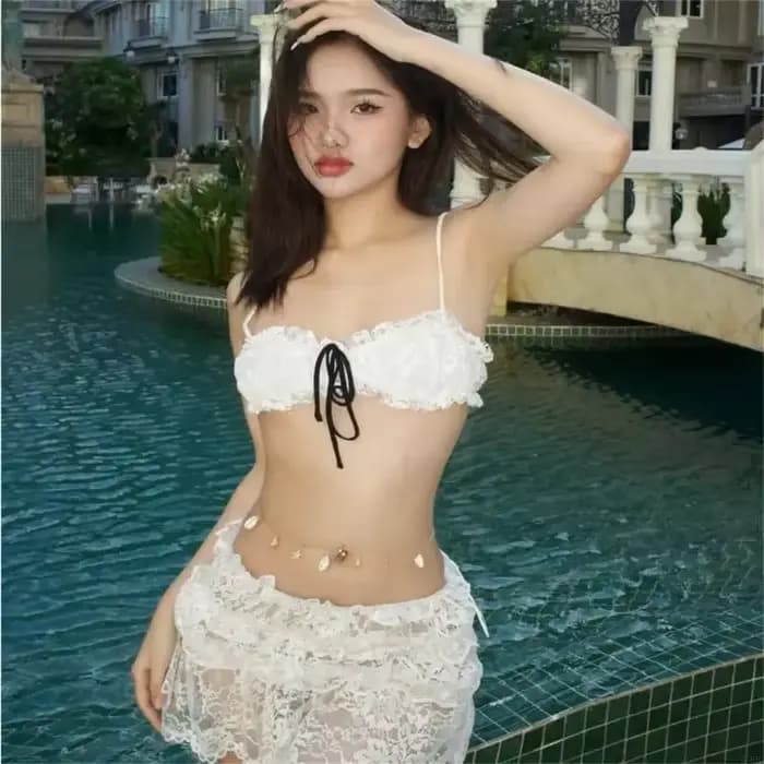 Maillot bain 3 pièces pour femmes, maillot bain à bretelles Spaghetti, avec jupe plage, ensemble costumes