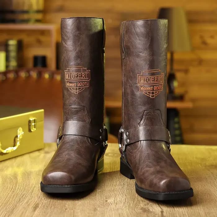 Bottes en cuir pour hommes avec manchon brodé rétro pour bottes de moto, bottes de cowboy western à tige large