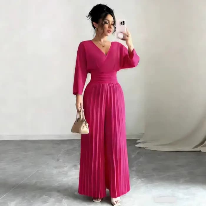 Combinaison Palazzo plissée taille haute à jambes larges, tendance 2026, col en V, élégante, pour femme, blanche, trois-quarts