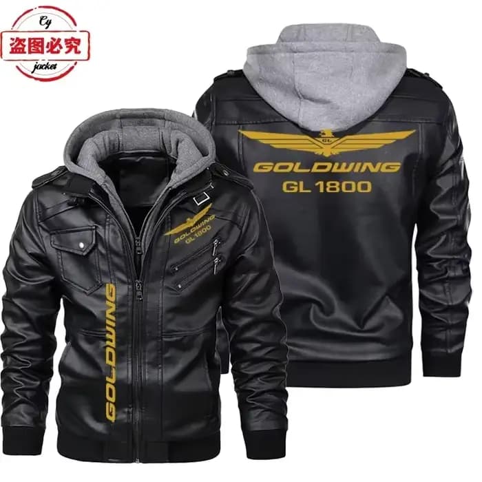 Golden Wing 1800 Logo de moto imprimé rétro lavé veste en cuir PU coupe-vent hommes veste en cuir à capuche costume d'équitation