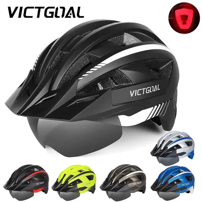 VICTGOAL Casque de vélo de route VTT pour hommes Femmes avec lunettes de visière LED Lumière arrière