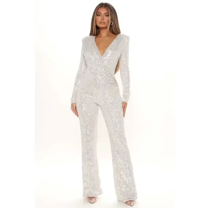 Combinaison personnalisée à paillettes pour femmes, nouvelle mode, manches longues, col en V, drapée, automne hiver, barboteuse, célébrité, soirée, Club O