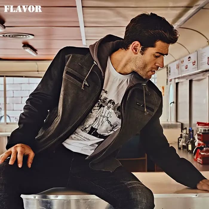 Veste en cuir véritable pour homme FLAVOR avec capuche amovible