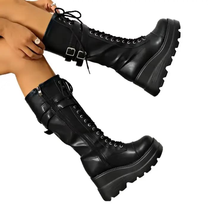 Bottes de moto style punk sombre à talon épais avec boucle de ceinture