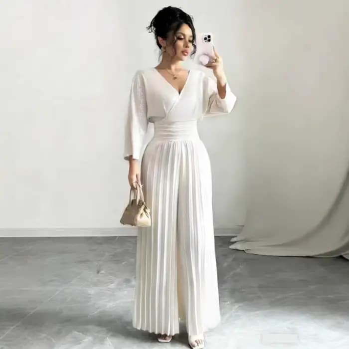 Combinaison Palazzo plissée taille haute à jambes larges, tendance 2026, col en V, élégante, pour femme, blanche, trois-quarts
