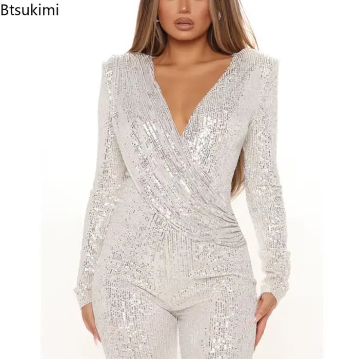 Nouvelle combinaison à sequins pour femme, manches longues, col en V, drapée, style streetwear, pour soirées et clubs, tenue de célébrité
