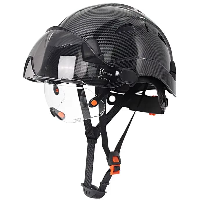 Casque de sécurité à motif en fibre de carbone avec visière et lunettes intégrées