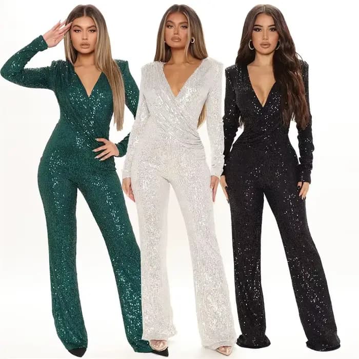 Combinaison personnalisée à paillettes pour femmes, nouvelle mode, manches longues, col en V, drapée, automne hiver, barboteuse, célébrité, soirée, Club O