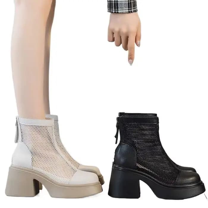 Bottes d'été fines en maille respirante pour femmes, à talon haut et ajourées, style polyvalent à semelle épaisse pour le quotidien, bout rond