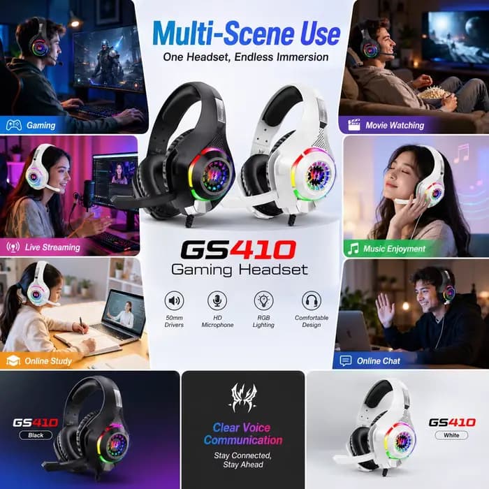 Casque de jeu GS410, casque filaire supra-auriculaire 3,5 mm RGB avec micro, basses stéréo, réduction du bruit pour PC, PS4, PS5, Xbox, ordinateur portable, jeux